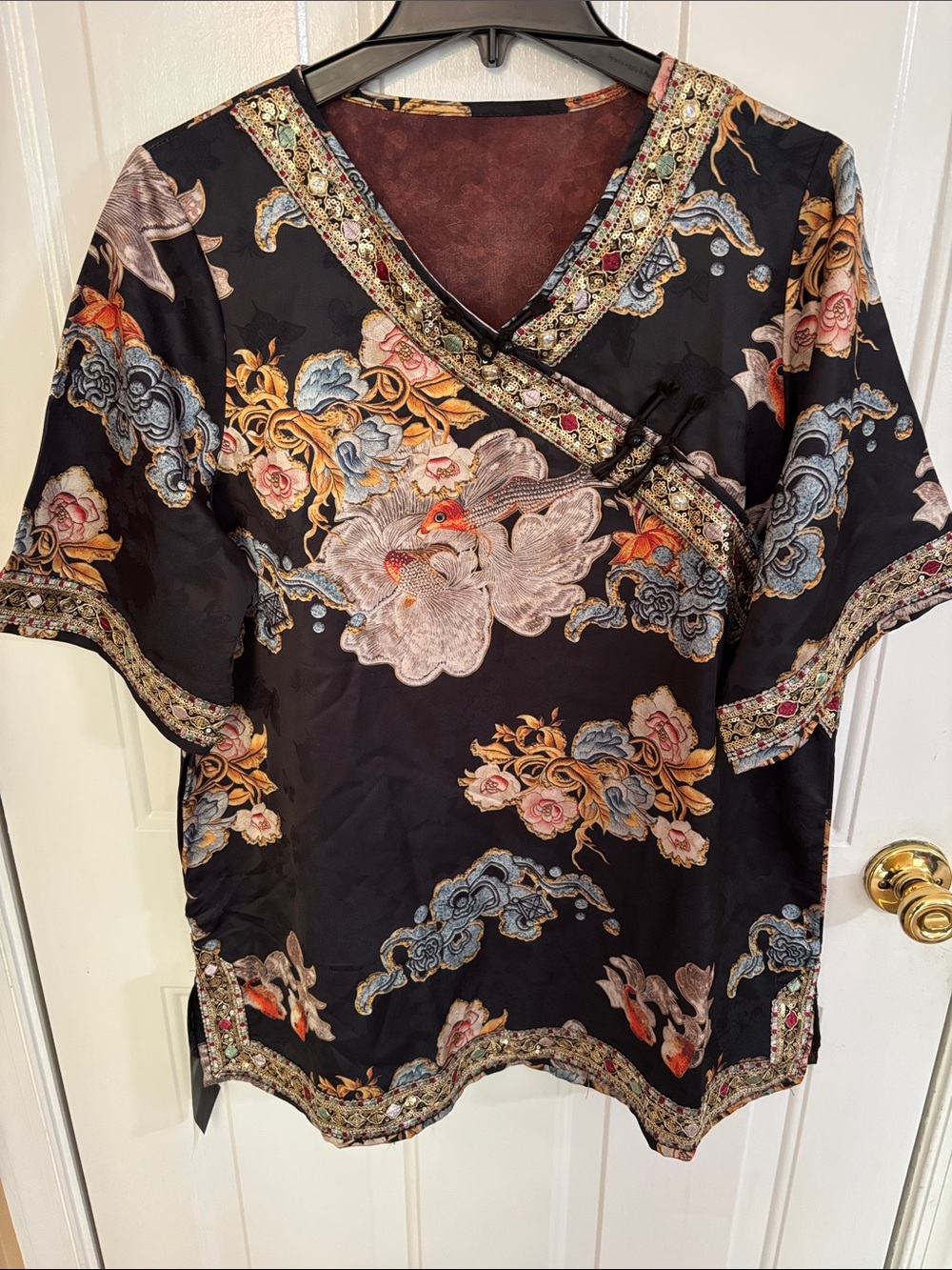 Fancy Floral Sequined Embroidered Asian Wrap-Style Likely Black Satin Tunic Top